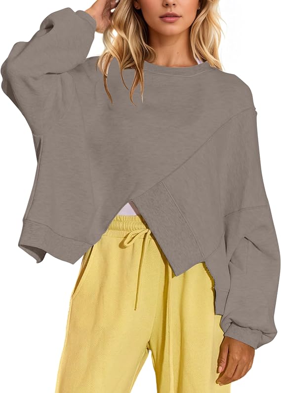 MISSACTIVER Womens Crew Neck Cropped Sweatshirt Oversized Long Sleeve Ribbed Pullover Top Asymmetrical Hem Fall Outfit