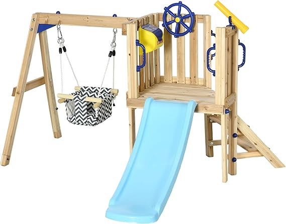 Outsunny Swing Set for Backyard Wooden Toddler Playset Ages 1.5-4 Natural | Outdoor Playset, Baby Swing Seat, Kids Slide, Fort, Captain's Wheel, Telescope, Playground Equipment