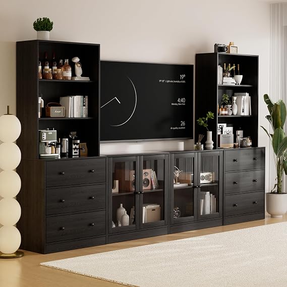TUSY 71 Large TV Stand Set - TV Entertainment Center for TVs up to 65, Media Center with Tempered Glass Doors and Drawer, TV Hutch with Bookshelves for Living Room Black, BDDB