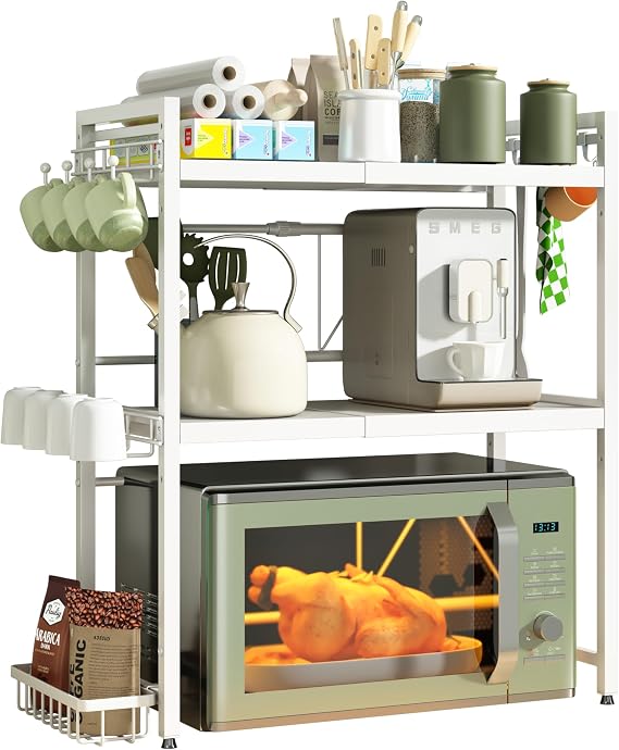 NETEL 3 Tier Expandable Microwave Shelf Rack, Microwave Stand Countertop | Over Microwave Shelf Unit with Metal Hooks and wire Basket, Adjustable Partition Height, Kitchen Shelves 25 kg max load/Tier