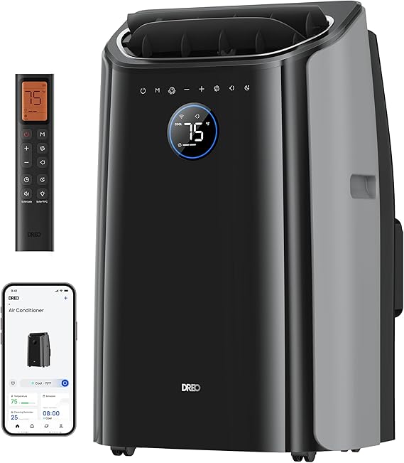 DREO Portable Air Conditioner 515S, 12000 BTU ASHRAE (8000 BTU DOE) Smart AC Unit for Bedroom with Drainage-free Cooling, Fan&Dehumidifier 3 in 1, APP/Voice/Remote, Quiet Standing AC for Room Indoors