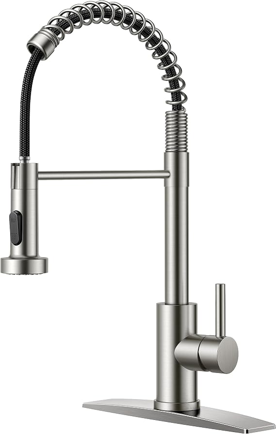 FORIOUS Kitchen Faucet Pull Down Sprayer, Classic High Arc, Brushed Nickel | Lead-Free Stainless Steel, Single Handle Commercial Spring Sink Faucet for Laundry Utility Room, Bar Outdoor Farmhouse Camper