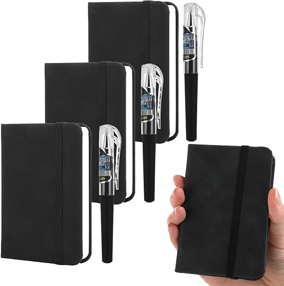3 Pack A7 Pocket Notebook Notepad with 3 Pens,Mini Notebook and Pen Set Small Cute Leather Journal Note Writing Pad for Office School Supplies Black