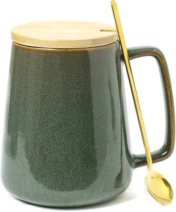 Large Ceramics Coffee Mugs，24 OZ/700ml Extra Large Cups,Matching Lid and Spoon， for Cappuccino, Latte, Hot Cocoa Or Hot Tea -Gift for Birthday/Christmas/Valentine's (24 oz Dark Green Set)