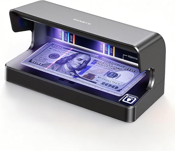 MUNBYN IMC26 Counterfeit Bill Checker, 1800LM Dual LED UV and White Light, One-Button Bill and Document Checker for Cashiers and Small Business, Auto On/Off, Checks All Currencies Bills IDs Cards