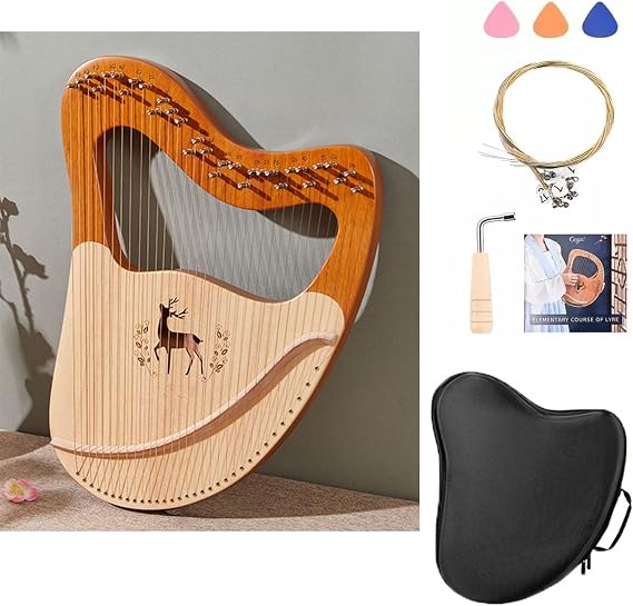 Lyre Harp, 32 Strings Mahogany Wood String Instrument, Lyre Harp with Carry Bag, Tuning Wrench, Spare Strings, Gift for Music Lovers Beginners Children Kids Adults