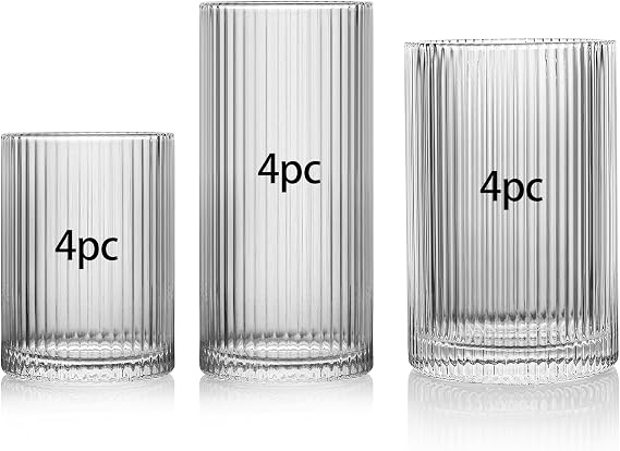 INSETLAN Set of 12 (3 sizes) Glass Cups Vintage Glassware, Origami Style Transparent Cocktail Glasses Set, Bar Beverages Ice Coffee Cup Juice Ripple Drinkware