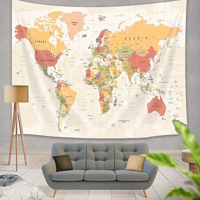 World Map Wall Art for Kids, Educational Tapestry with Countries and Major Cities, Asia, Europe, America, Africa, Japan - 71x60 Inch Yellow