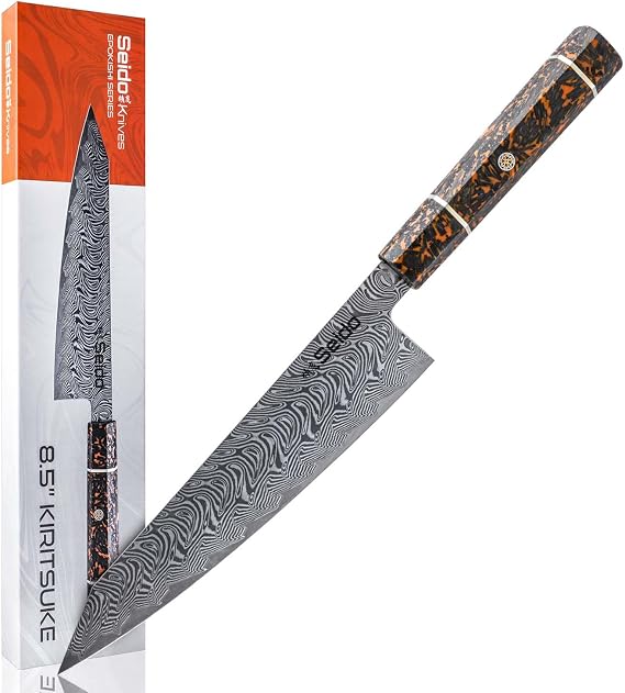 Seido Epokishi 8.5 Inch AUS-10 Damascus Kiritsuke Knife, Orange Resin | Japanese-style kiritsuke knife with AUS-10 steel, 67-layer Damascus finish, and vibrant orange resin handle.