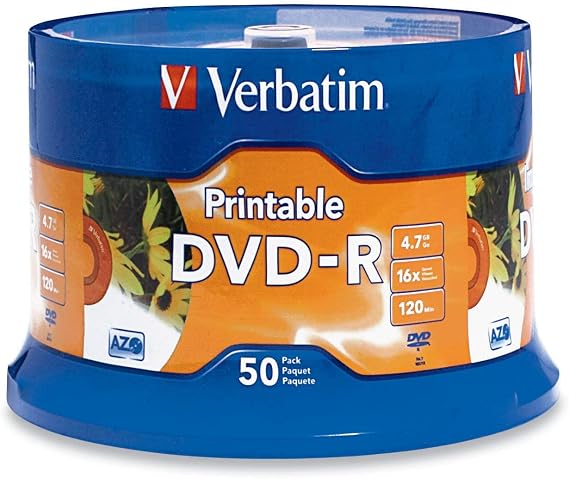 Verbatim DVD-R 4.7GB 16X White Inkjet Printable with Branded Hub, 50-Disc