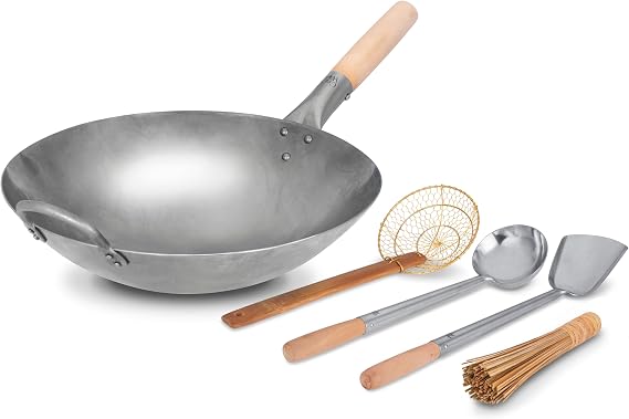 Craft Wok 14-Inch Wok with 4-Piece Utensil set Carbon Steel Pow Wok Utensils Set, Round Bottom with Wooden Handles, Professional Asian Cookware / 731W88+732W9