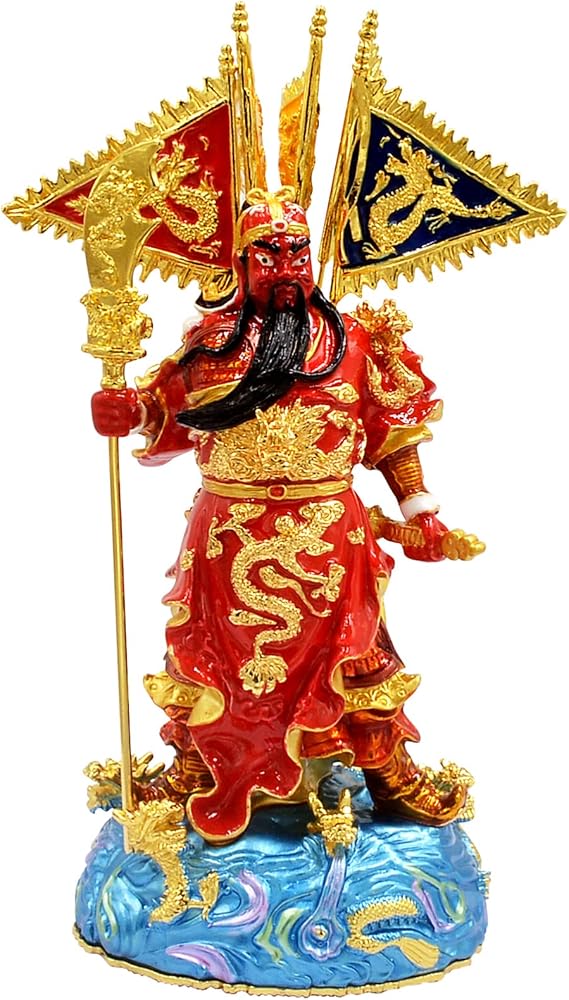 Feng Shui Magnificent Guan Yu, Guan Gong, Kwan Kung with Five Flags Protect Home Statues