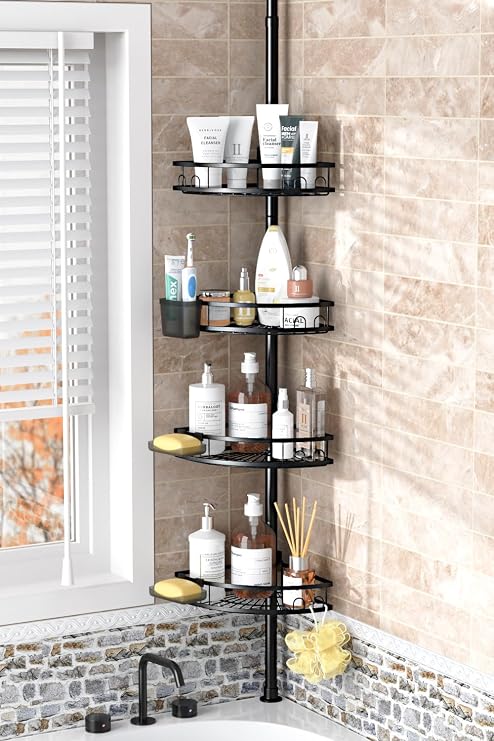 Adjustable Tension Pole Shower Caddy: Rustproof Corner Bathroom Organizer