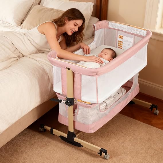 Baby Bassinet Bedside Sleeper, 3-in-1 Bedside Bassinet, 5 Height Adjustable Rocking Baby Crib, Breathable Full Mesh, Mosquito Net, Storage Basket, Stable and Secure Bassinets for Newborn Pink