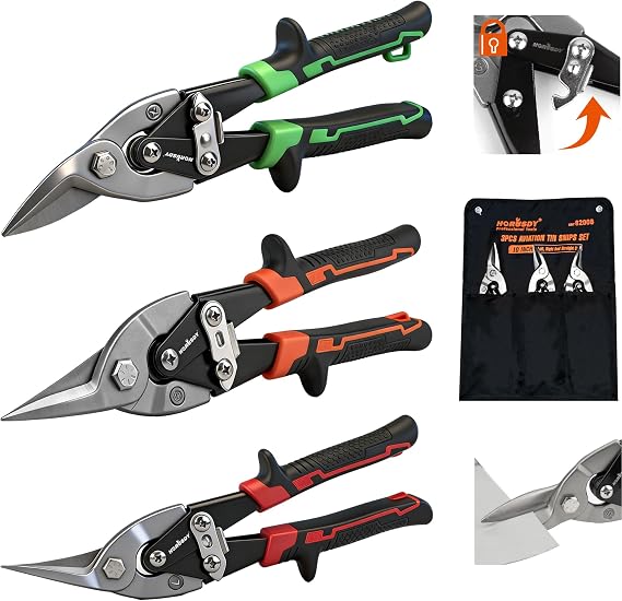 HORUSDY 3 Pack Aviation Tin Snips Set, 10 Inch Metal Straight Cut, Left Cut, Right Cut for Cut Sheet Metal, Chrome Vanadium Steel