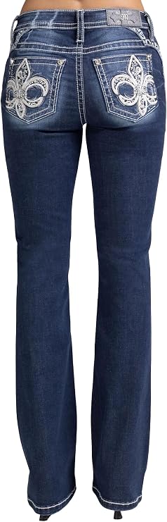 Miss Me Women's Rhinestone Fleur de Lis Embellished Pockets Mid-Rise Bootcut Jeans