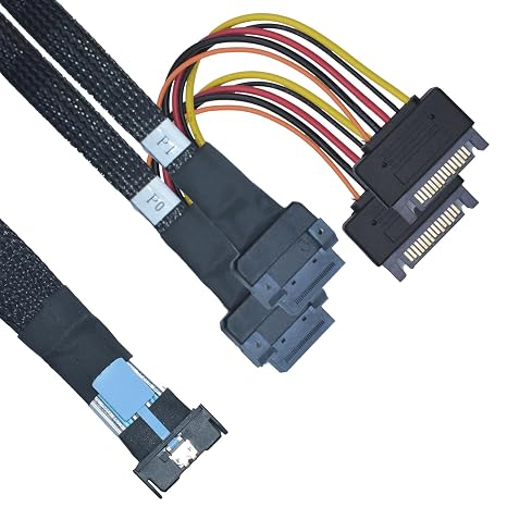 PCIe 5.0 MCIO x8 to Dual EDSFF E1/E3 SSD Cable, 1.6ft(50 cm) | 2-Ports E1.S E1.L E3.S E3.L Connector, 15Pin Sata power