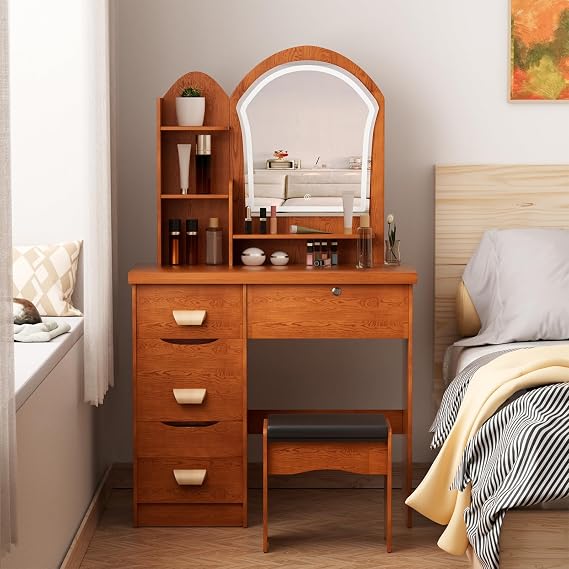 Vanity Desk with Mirror and Lights, Makeup Vanity Table Set with Stool, 3 Lighting Colors, Makeup Desk with 4 Drawers and Storage Shelves for Bedroom, Brown Dressing Table, Retro Style Wood