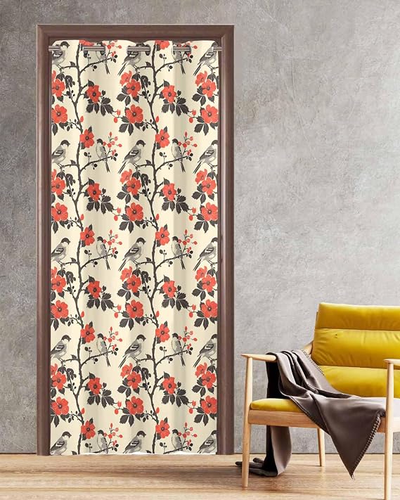 Japanese Blackout Door Curtain Panels for Doorway,Bedroom Thermal Insulated Drapes Kitchen Window Sliding Door Curtains Room Divider Cover 78 Inch Length,Cherry Blossom Tree Branch Birds Spring