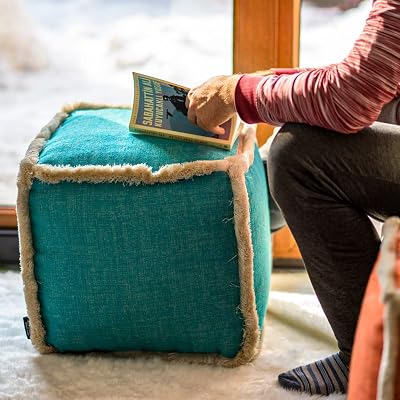Boho Natural Jute Ottoman Pouf Upholstered 16 Turkish Handmade Rattan Cube | Tufted Square Stuffed Moroccan Rustic Patio Living Room Farmhouse Decor | Foot Stool Rest Coffee Table Turquoise Blue