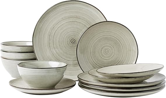 Richmount Tempus 12-Piece Dinner Set, Irregularly Shaped Swirl Stoneware Plates and Bowls Set, Dinner Sets for 4, Dinner Plates/Dessert Plate/Soup Bowl, Glazed Ceramic Dinnerware Sets, Minty