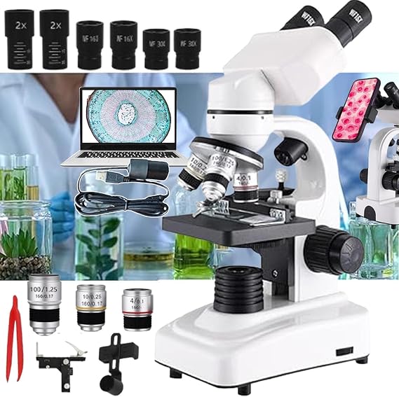 Binocular Compound Microscope 40X-2400X, Research Grade Professional Microscope with Dual LED lighting&amp;Coaxial Coarse/Fine Focus Knobs, Built-in Electronic Eyepieces&amp;Mobile phone holder ,White