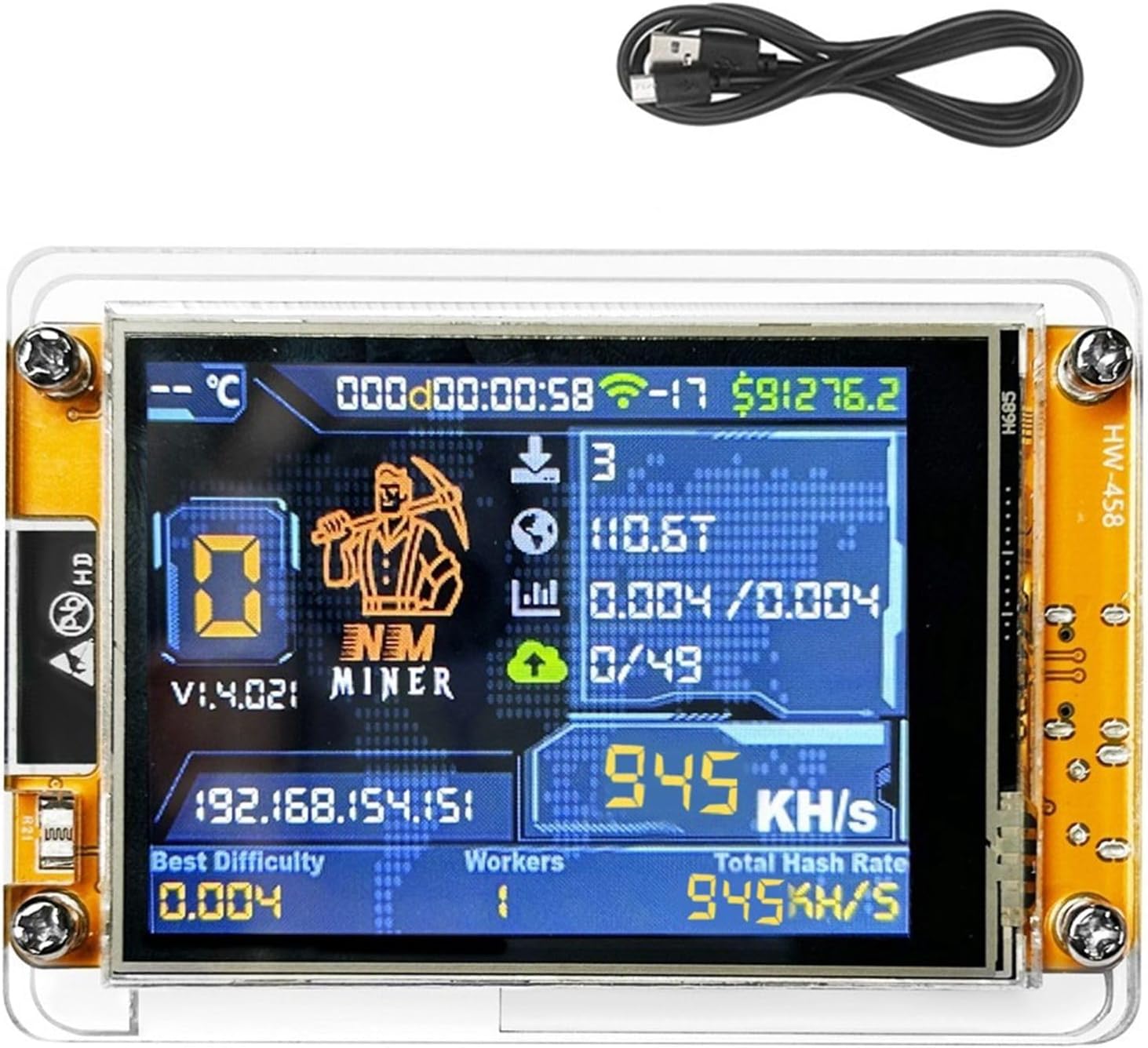 Upgraded with Case: 945KH/S, 2.8 Inch Display for Bitcoin and Crypto Solo Lottery Mining