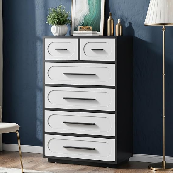 YANSNWO Dresser for Bedroom, 44" Tall Dressers & Chests of Drawers w/Solid Wood Handle, Wood Mid Century Closet Organizers and Storage Cabinet for Bedroom, Living Room, Hallway, Black/White