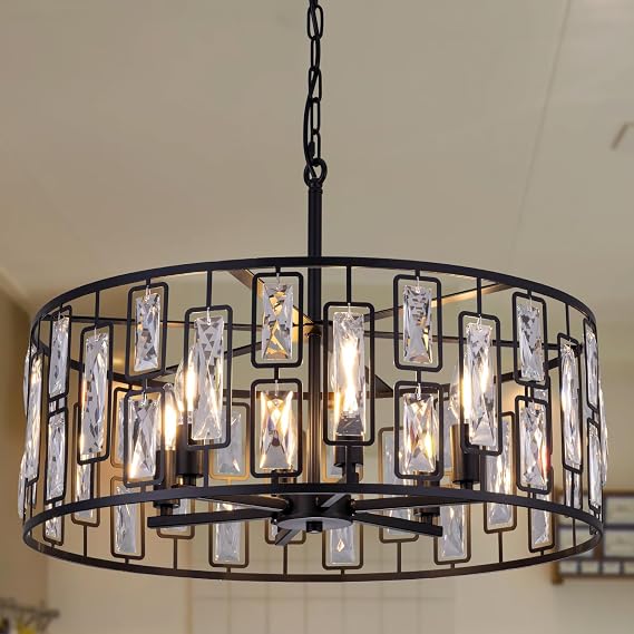 Wellmet Black Crystal Chandelier 24in, 6 Lights Round Dining Room Light | Modern Farmhouse Drum Ceiling Pendant Light Fixture for Living Room, Bedroom, Bathroom, Kitchen Island, Entryway, Hallway