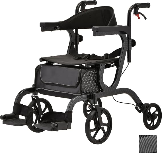 NOVA 2-in-1 Rollator Walker & Transport Chair, Folding Mobility Aid with 10 Front Wheels, Removable Footrests, Lightweight Rolling Walker for Seniors, Walker Wheelchair Combo, Black