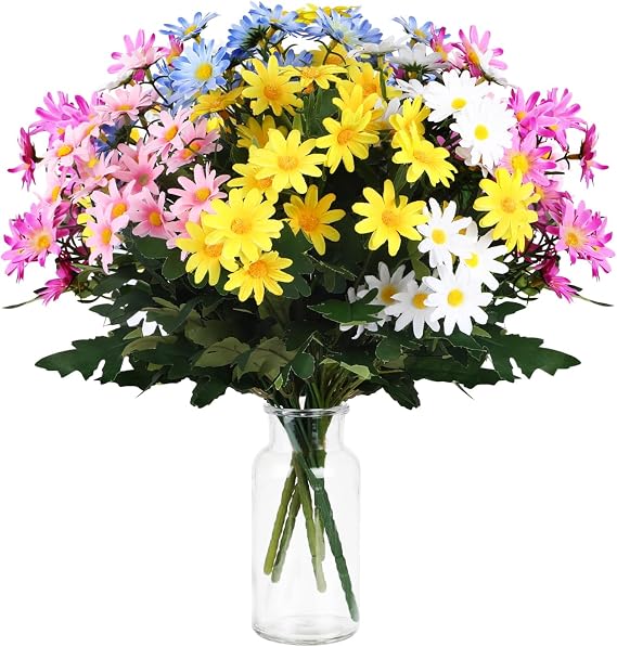 Fake Daisy Flowers with Vase, Spring Table Centerpiece Home Decorations, 5 Bundles 12.6 Inch Colorful Faux Silk Daisy Bouquets Artificial Wildflowers for Floral Arrangement