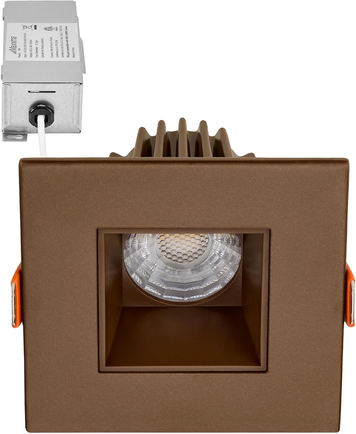 Maxxima 2 in. Ultra-Thin Recessed Anti-Glare LED Downlight - Canless IC Rated, 550 Lumens, 5 Color Temperature Selectable 2700K/3000K/3500K/4000K/5000K, Dimmable Square Bronze Trim, 90 CRI