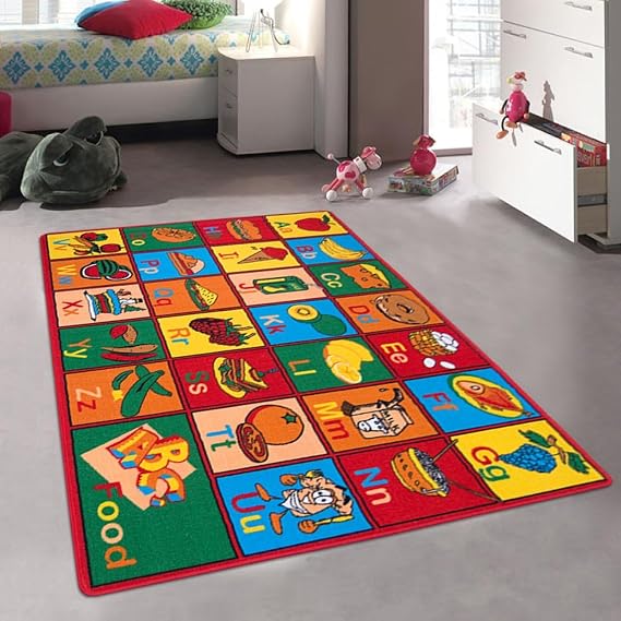 Kids/Baby Room/Daycare/Classroom/Playroom Sit Spot Area Rug Abc's Alphabet Letters Squares Fun Educational ABC Food Vegetables Fruits Non Slip Learning Carpet (5 Feet X 8 Feet)