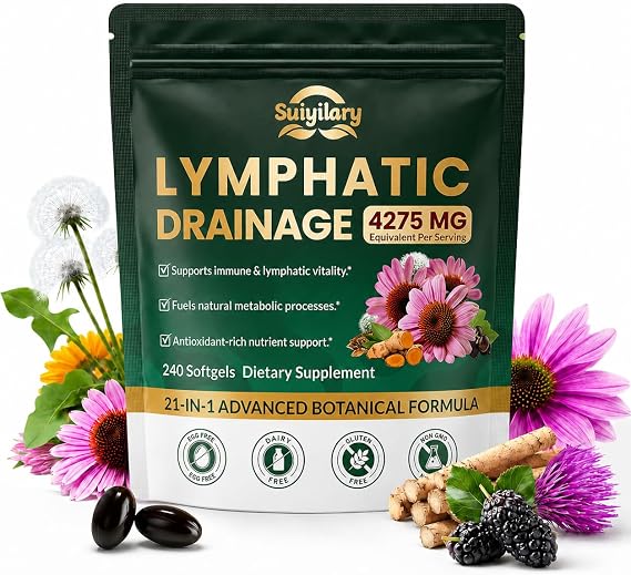 Suiyilary Lymphatic Drainage Supplements, Lymph System Support Supplement for Women & Men, Daily Wellness, Immune Health, 21-in-1 Lymphatic Complex Herbal Blend, 240 Softgels