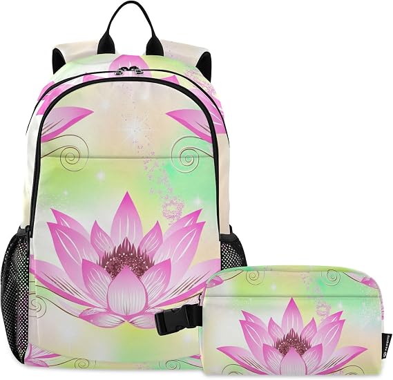 Beautiful Pink Lotus Flower Backpack with Lunch Box Kids School Bookbag Preteen Backpack Lightweight Durable 2pcs