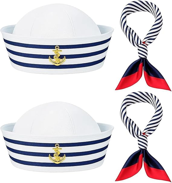 WNXBFO 2PCS Sailor Hat and 2PCS Scarf Set, Sailor Costume, Blue and White Striped Sailor Captains Hat＆Red Edge Blue Bar Square Scarf, Dressing Up Party for Women Men Costume Accessory