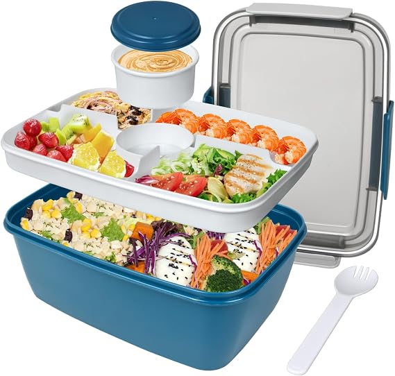 Salad Containers, 2000ml Large Salad Lunch Box for Adults, Leak Proof Salad Bowl Bento Boxes with 5-Compartment Tray, Lid, Dressing Pots, Cutlery for Work Picnic Packed Food Fruit Snack, Blue