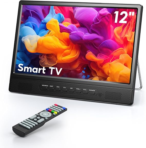 Desobry 12" Small Smart TV, LCD Small Kitchen TV with WiFi | Built-in 180Adjustable Stand/ATSC Tuner/HDMI/AV/USB for Kitchen, Bedroom, Camping, RV, Small Space