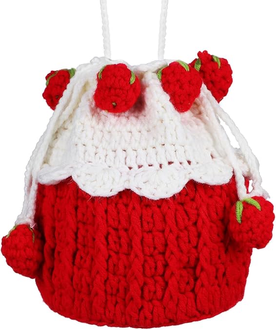 CALLARON Cute Strawberry Purse Fruit Crossbody Crochet Bags Knitted Handbag with Drawstring Strawberry Crochet Bag Small Shoulder Bag Wallet for Women