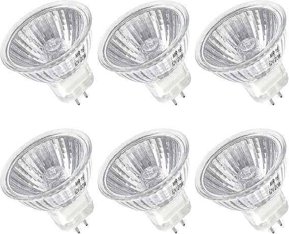 MR16 Halogen Bulb 20W Dimmable 12V GU5.3 Bi Pin Base Spotlight with Long Lifespan, 2700K Warm White MR16 Bulbs with Clear Glass Cover for Landscape, Track Lights, Fiber Optics, Desk Lamps, 6 Pack