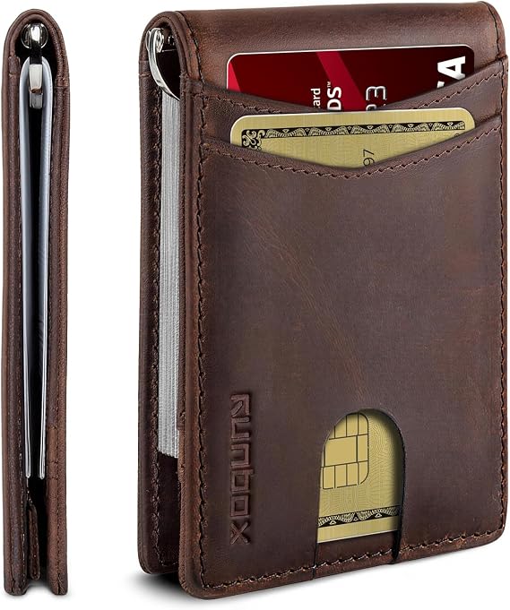 RUNBOX Genuine Leather Wallet for Men 12 Cards Slim Money Clip Mens Wallet Bifold Rfid Blocking with 2 ID Windows Card Holder Wallet with Gift Box