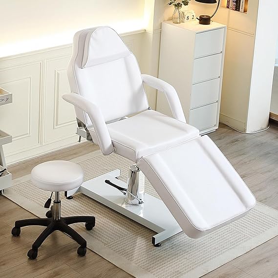 BSTSEL Hydraulic Pump 3 Section Adjustable Massage Professional Beauty Bed Chair with Swivel Stool Tattoo Lash Bed with Removable Armrests and Headrest for Spa Salon (White)