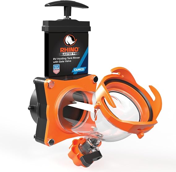 Camco RhinoBlaster RV Tank Rinser w/Gate Valve - Made in the USA | Features Backflow Preventer & Clear Elbow for Visibility - Essential for Odor Control and Sensor Maintenance - (39086)