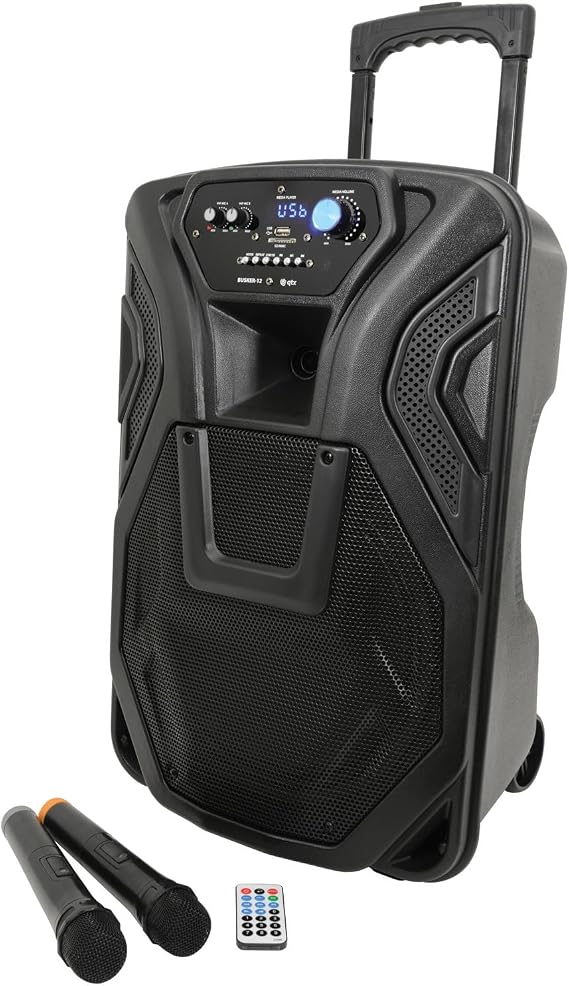 QTX Busker 12 Portable PA System with Wireless Microphones &amp; Remote Control Bluetooth Trolley Speaker for Karaoke, Street Performers, Outdoor Parties, Events &amp; Mobile DJ