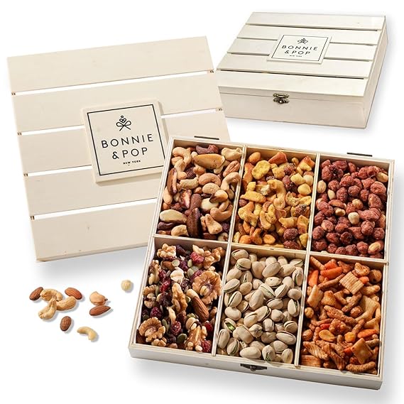 Nut Gift Basket, in Reusable Wooden Crate, Healthy Fathers Day Gift Option, Gourmet Snack Food Box, with Unique Flavors, Great for Feel Better, Sympathy & Birthday- Bonnie & Pop