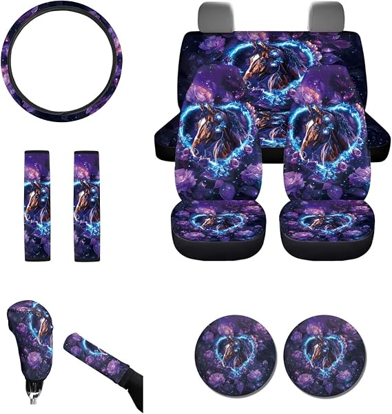Purple Rose Horse Car Seat Covers Full Set, Non-Slip Steering Wheel Cover, PU Cup Coasters, Cushioned Seat Belt Protectors, Hand Brake/Shift Knob Covers Set