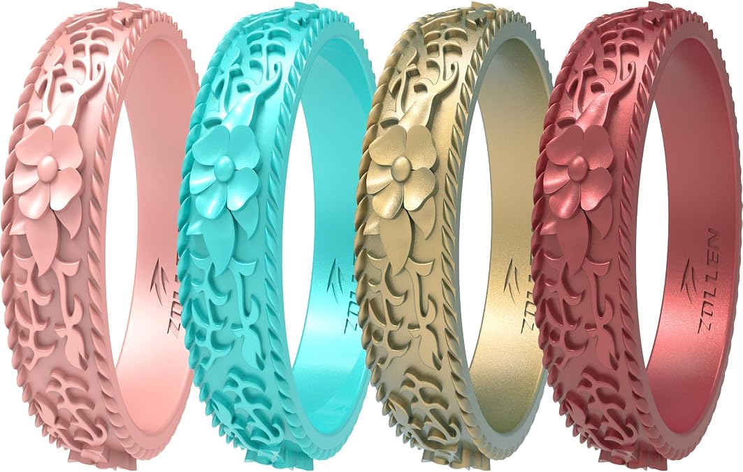 Silicone Wedding Rings for Women 1/4/7 Packs -Stackable Silicone Rubber Wedding Bands - Innovative Flower & Vine Collection