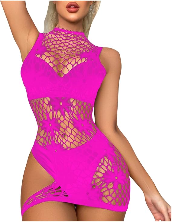 wodceeke Women's Sexy Mesh Fishnet Lingerie Dress Hollow Out Babydoll Chemise Beach Cover Up Mini Skirt
