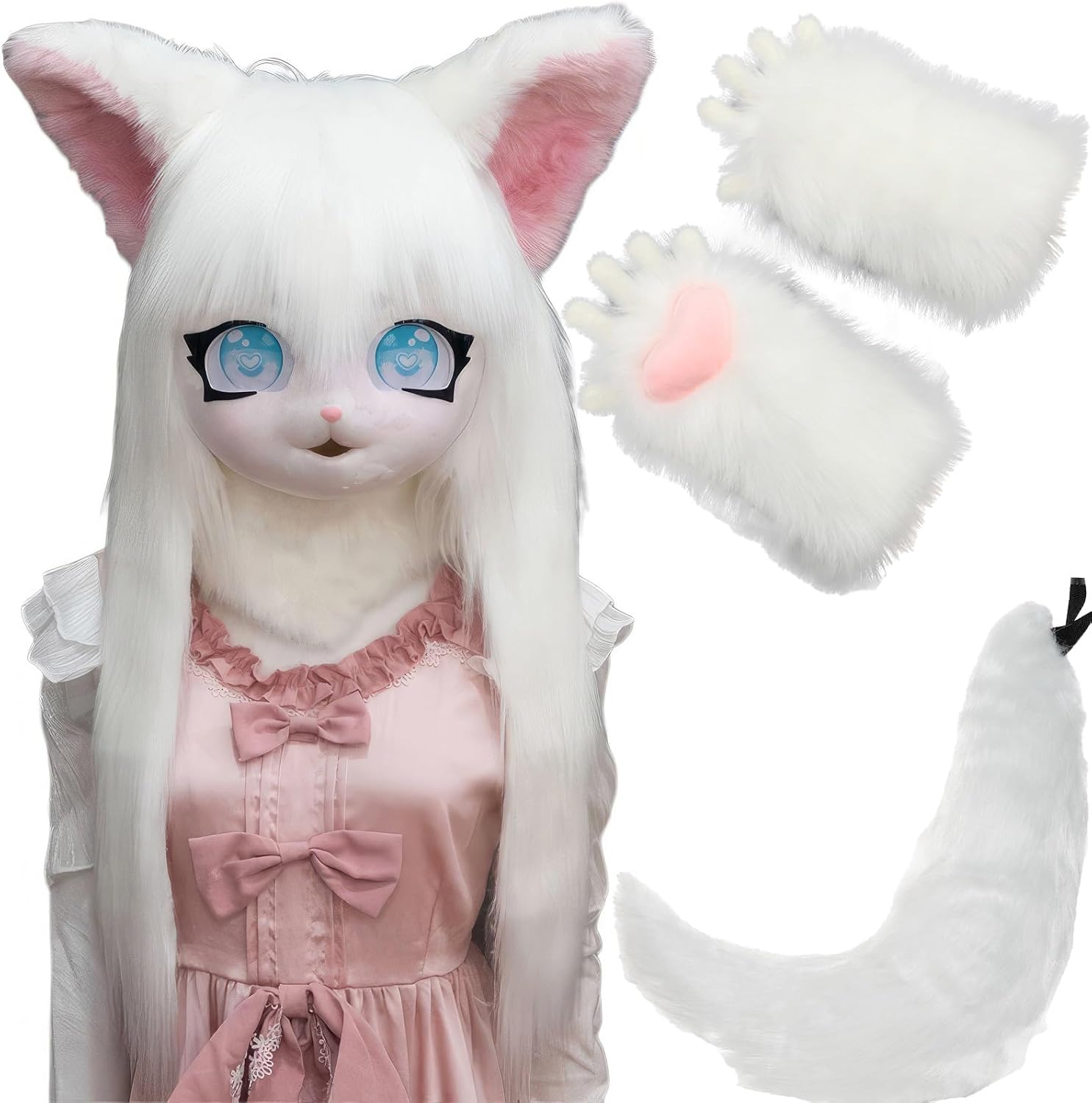 Fursuit Animal Head Set, Furry Anime Style Hood With Tail And Gloves, Wearable Hood Party Headgear