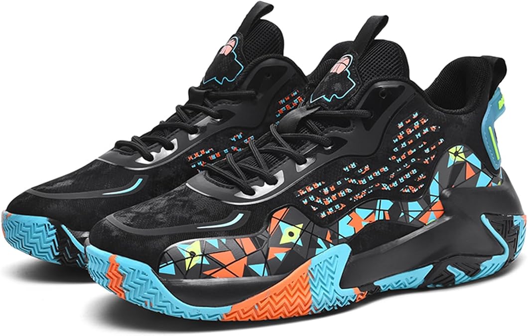 Men's Round Toe Breathable Graffiti Lace-Up Fashion Sports Shoes with Thick Sole, Cushioning and Slowing Down, Lightweight High-Top Basketball Shoes Suitable for Street Basketball, Gymnasium, and Gym